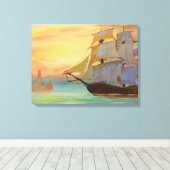 Zonsondergang Zeilschepen Handgeschilderde Nautisc Canvas Afdruk (Insitu (Houten vloer))
