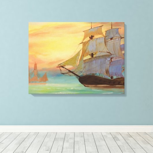 Zonsondergang Zeilschepen Handgeschilderde Nautisc Canvas Afdruk (Insitu (Houten vloer))