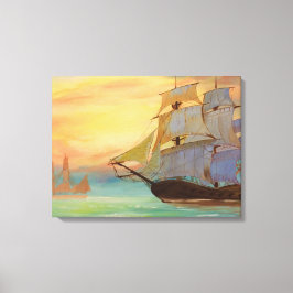 Zonsondergang Zeilschepen Handgeschilderde Nautisc Canvas Afdruk