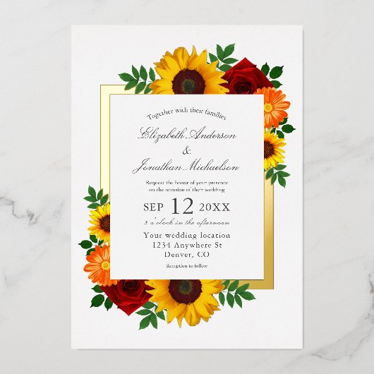 Zonsondergang Zonnebloem Roos Bloemen Bruiloft Folie Uitnodiging (Voorkant)