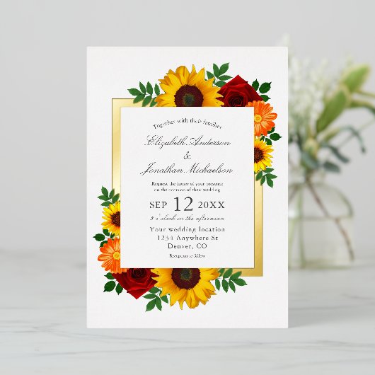 Zonsondergang Zonnebloem Roos Bloemen Bruiloft Folie Uitnodiging (Staand Voorkant)