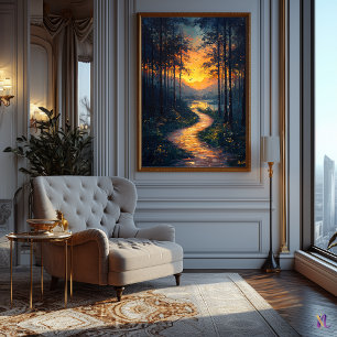 Zonsondergangs Bospad in Impressionistische Stijl Poster