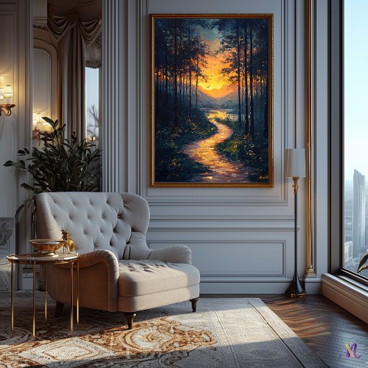 Zonsondergangs Bospad in Impressionistische Stijl Poster