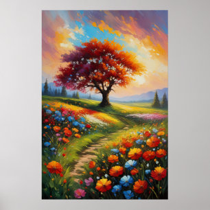 Zonsondergang's Canvas, kleurrijke bloemen Poster