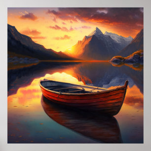 Zonsondergangsbergmeer met een rode roeiboot poster