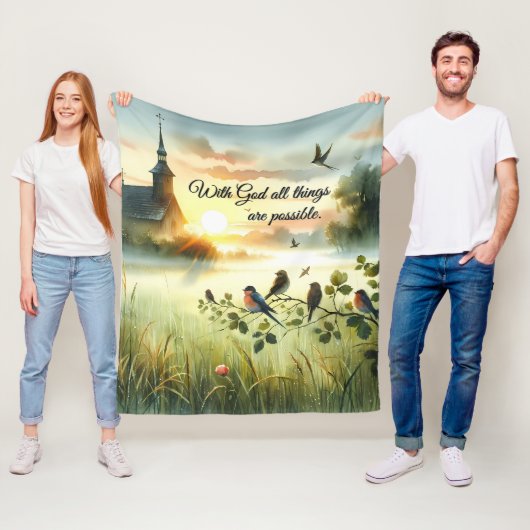 Zonsondergangskerk met vogels in nevelige weide fleece deken (In situ)