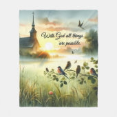 Zonsondergangskerk met vogels in nevelige weide fleece deken (Voorkant)