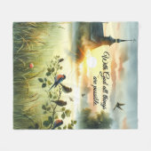Zonsondergangskerk met vogels in nevelige weide fleece deken (Voorkant (Horizontaal))