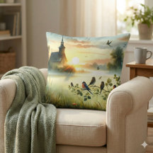 Zonsondergangskerk met vogels in nevelige weide Ge