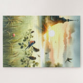Zonsondergangskerk met vogels in nevelige weide Ge Legpuzzel (Horizontaal)