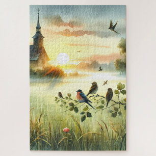 Zonsondergangskerk met vogels in nevelige weide Ge Legpuzzel