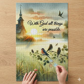 Zonsondergangskerk met vogels in nevelige weide legpuzzel