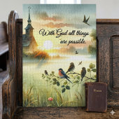 Zonsondergangskerk met vogels in nevelige weide legpuzzel