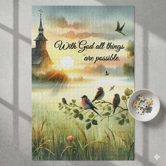 Zonsondergangskerk met vogels in nevelige weide legpuzzel