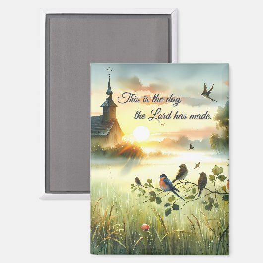 Zonsondergangskerk met vogels in nevelige weide magneet (Voorkant / Achterkant)