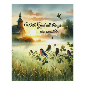 Zonsondergangskerk met vogels in nevelige weide perfect poster