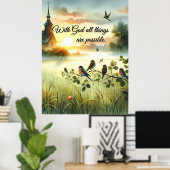 Zonsondergangskerk met vogels in nevelige weide poster (Thuiskantoor)