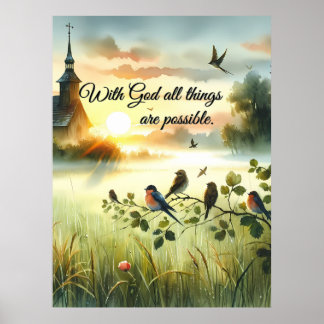 Zonsondergangskerk met vogels in nevelige weide poster