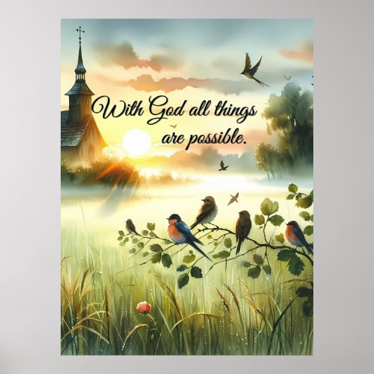 Zonsondergangskerk met vogels in nevelige weide poster (Voorkant)