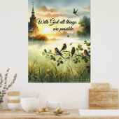 Zonsondergangskerk met vogels in nevelige weide poster (Keuken)