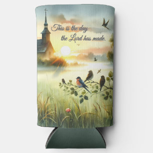 Zonsondergangskerk met vogels in nevelige weide seltzer blikjeskoeler
