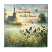 Zonsondergangskerk met vogels in nevelige weide tegeltje (Voorkant)