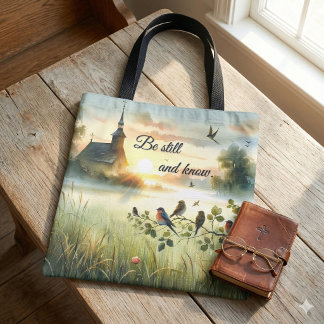 Zonsondergangskerk met vogels in nevelige weide tote bag