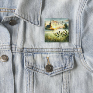 Zonsondergangskerk met vogels in nevelige weide vierkante button 5,1 cm