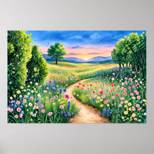 Zonsondergangspad door een weide met wilde bloemen poster