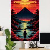 Zonsondergangsrivier met vulkaan poster (Thuiskantoor)