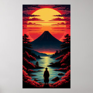 Zonsondergangsrivier met vulkaan poster