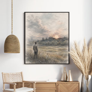 Zonsondergangweide Dromerige Grafiet Bos Natuur Poster