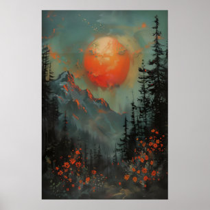 Zonsopgang Berg Landschap Kunstprint, Botanisch Poster