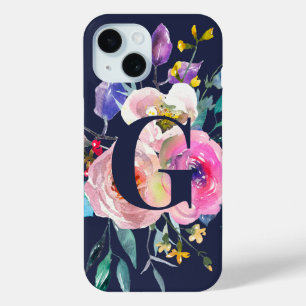 Zonsopgang Boho Bloemig Navy Monogram iPhone 15 Case