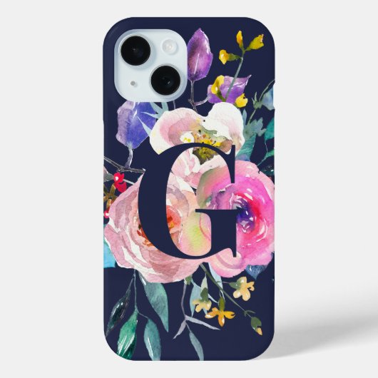 Zonsopgang Boho Bloemig Navy Monogram Case-Mate iPhone Case (Achterkant)