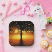 Zonsopgang, boomsilhouet, papieren bordje (Feest)