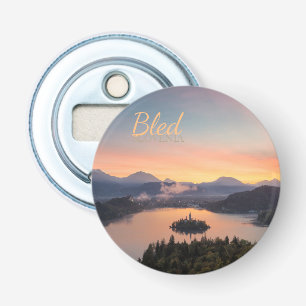 Zonsopgang boven het Bledmeer tekst Button Flesopener