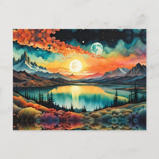 Zonsopgang boven Mountain Lake als de maan onderga Briefkaart (Voorkant)