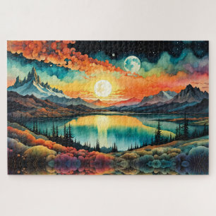 Zonsopgang boven Mountain Lake als de maan onderga Legpuzzel