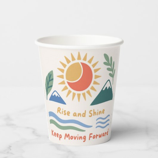 zonsopgang illustratie "Rise and Shine!" quote mot Papieren Bekers (Achterkant)