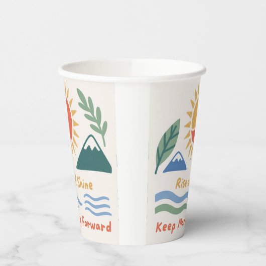 zonsopgang illustratie "Rise and Shine!" quote mot Papieren Bekers (Links)