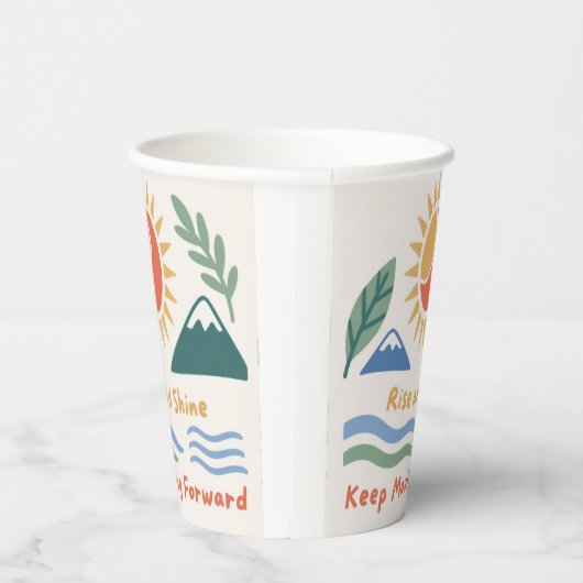 zonsopgang illustratie "Rise and Shine!" quote mot Papieren Bekers (Rechts)