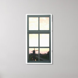 Zonsopgang Landschap Windmolen Faux Window Uitzich Canvas Afdruk