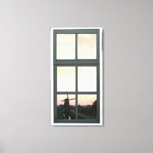Zonsopgang Landschap Windmolen Faux Window Uitzich Canvas Afdruk