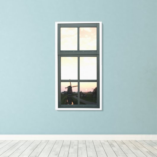 Zonsopgang Landschap Windmolen Faux Window Uitzich Canvas Afdruk (Insitu (Houten vloer))