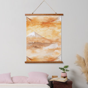 Zonsopgang Mount Fuji Waterverf Oranje Landschap Hangend Wandkleed