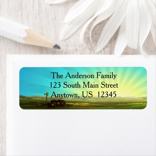 Zonsopgang op de boerderij etiket (Insitu)