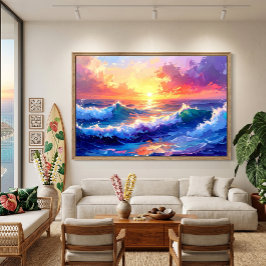 Zonsopgang op zee over golven schilderen canvas afdruk