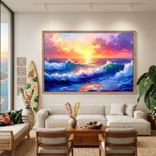 Zonsopgang op zee over golven schilderen canvas afdruk