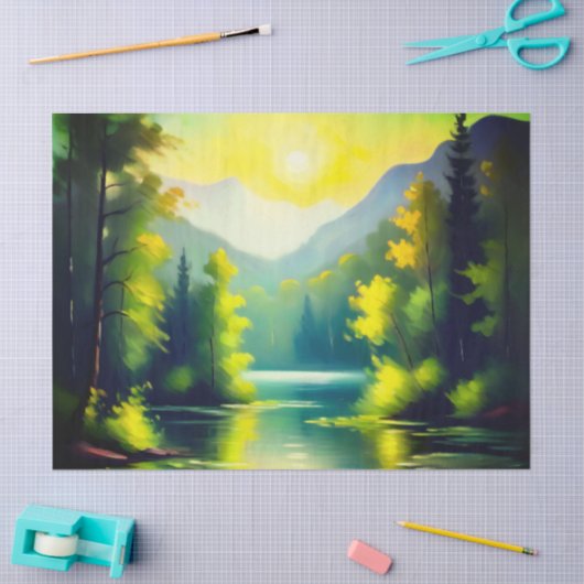 Zonsopgang over besneeuwde bergen en meren tissuepapier (Craft)